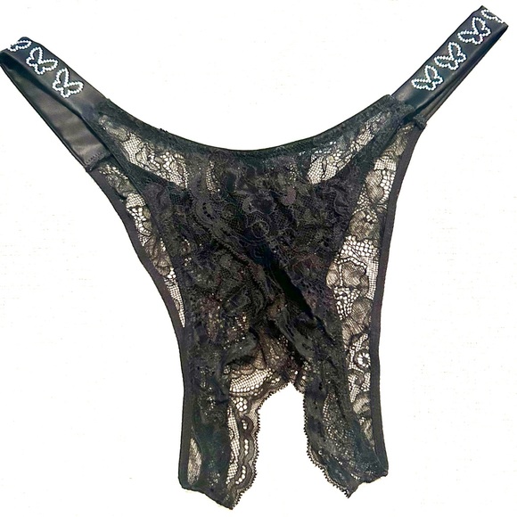 Victoria's Secret Black Lace crochless with butterfly shine straps Panty - Picture 1 of 3